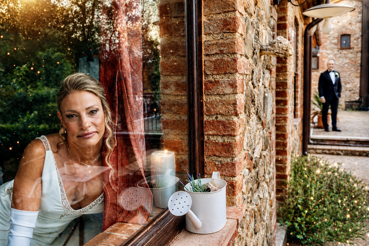 Sposa riflessa alla finestra, fotografia matrimonio in Toscana